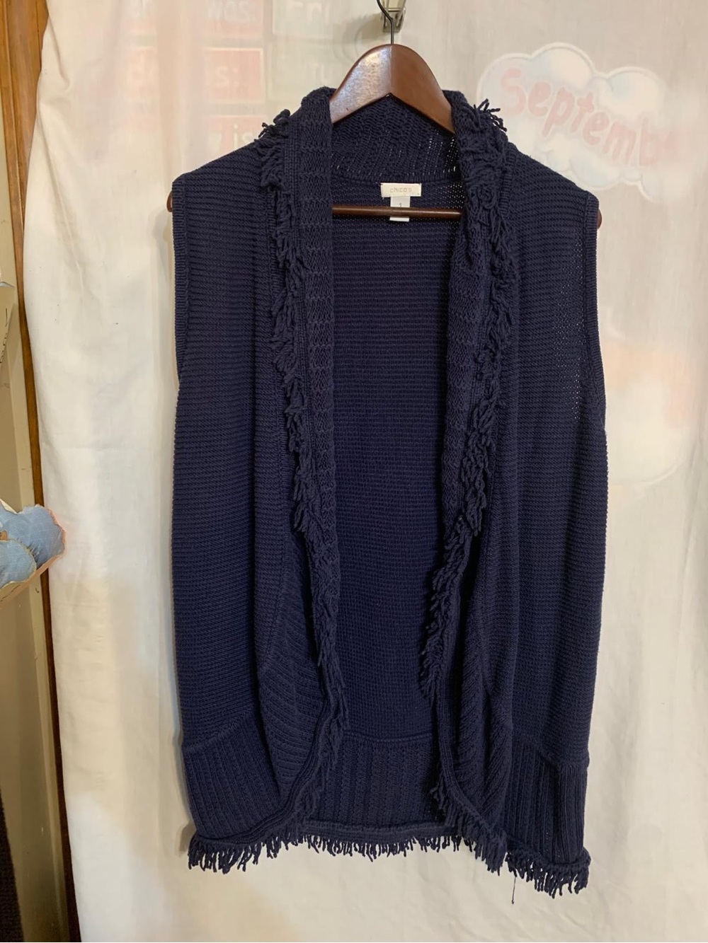 Chico's Navy Fringe Open-Front Knit Vest